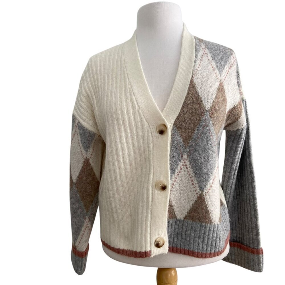 Vintage style Womens Argyle oversized crop Cardigan Sweater V-Neck Button-Up XS